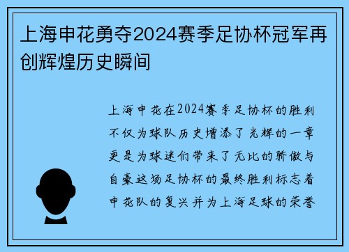 上海申花勇夺2024赛季足协杯冠军再创辉煌历史瞬间